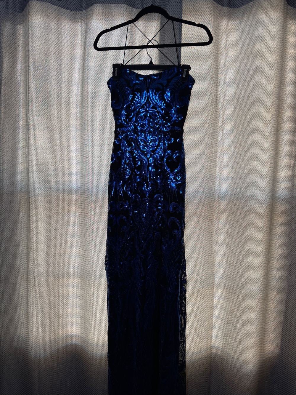 Black & Blue Sequin Prom Dress with Open Back